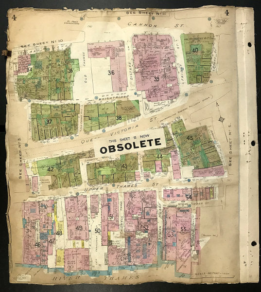 London EC4V EC4M Queen Victoria/Upper Thames St WW2 bomb damage GOAD 1928 map